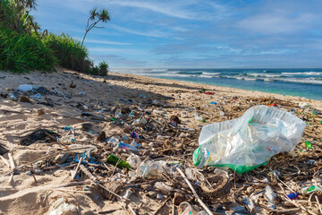 Ocean beach and plastic trash in Bali. Pollution by plastic rubbish on coastline
