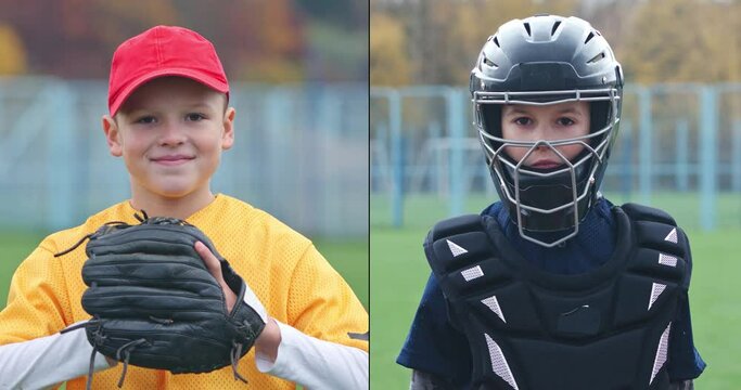 Split screen, portraits of a boys baseball players on a blurry background, the catcher and pitcher looks at the camera, video collage, 4k slow motion.
