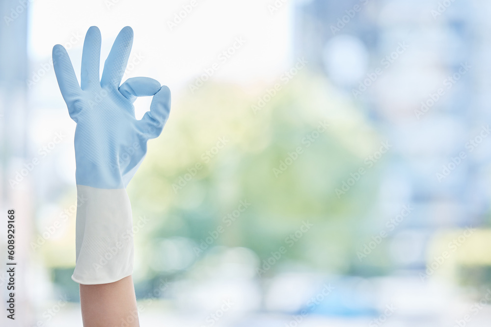 Poster Hands, housekeeper and gloves with okay sign for cleaning, hygiene or home maintenance. Hand of person or cleaner with ok symbol, gesture and rubber glove for precise, perfect or bacteria free house