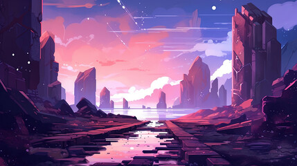 Stone ruins, space, stars, game background illustration