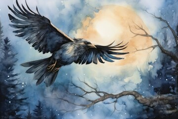 Graceful creature soaring through moonlit skies. Watercolor painting. Generative AI