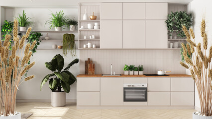 Potted straws with pebbles, dry plants, ornament, ears, sheaf, branch in vase over minimal white kitchen with many houseplants, architect interior design, urban jungle