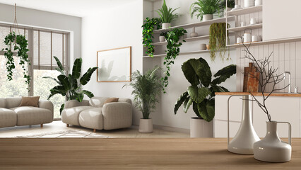 Wooden table top or shelf with minimalistic modern vases over minimal kitchen and living room, many houseplants, urban jungle, biophilic interior design
