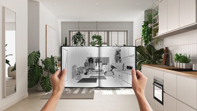 Hands holding notepad with living room design blueprint sketch or drawing. Real interior design project background. Before and after concept, architect designer work flow idea