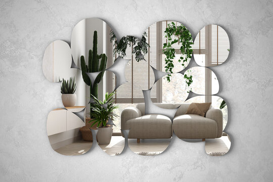 Modern mirror in the shape of pebbles hanging on the wall reflecting interior design scene, minimal living room with sofa in urban jungle style, modern architect designer concept