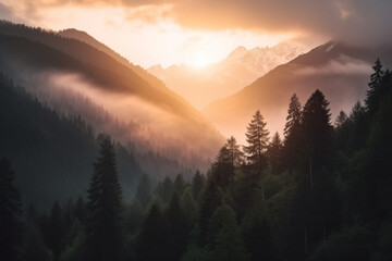 sunrise over mountain forest