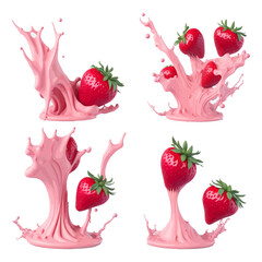 Set of 3D Strawberry Milk Splash with Strawberry slices