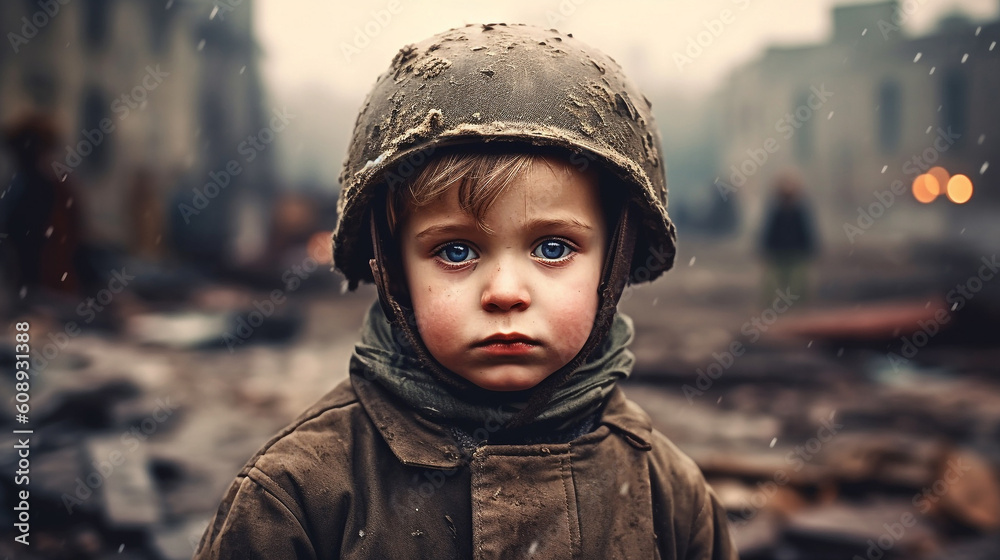 Sticker Sad little child in a helmet and  dirty clothes stands against destroyed city after the war and looks to the camera.  A lonely child standing against bombed out  and fuming city.  AI generated