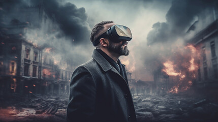 Man wearing virtual reality goggles against of a burning after the war city. Portrait of a futuristic man wearing virtual reality goggles over city burning smoking background. AI generated