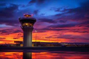 Airport control tower sunset. Generate Ai - obrazy, fototapety, plakaty