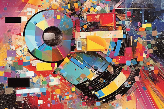 Fantasy; collage; boardgames, video games, abstract graphic, hand painted,retro 1980's splash art; casette tapes.