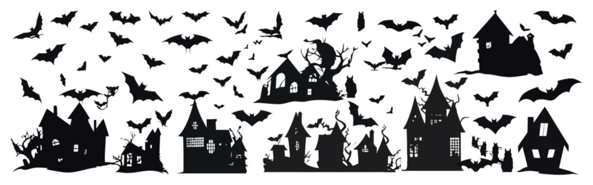 Halloween horror house collection, old castle silhouette building bats, wallpaper sticker pattern medieval buildings