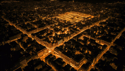 an aerial views of a city at night, including the shinto shrine