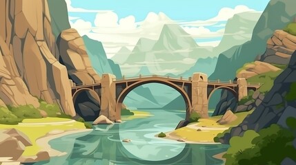Background gorge. Design with an abstract background showcasing a meticulously illustrated  illustration of a picturesque gorge with a magnificent bridge spanning across it. Generative AI.