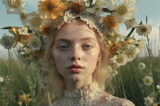 Fototapeta portrait of a girl in a wreath of flowers