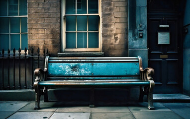 a bench next to a street with no people outside