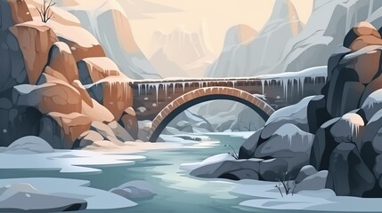 Background winter gorge. Illustration of a winter gorge and bridge in a banner design, using  graphics to portray the serene beauty of the snowy scenery. Generative AI.