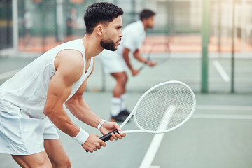 Man, tennis and team is ready on a court for game and exercise with wellness in india. Male...