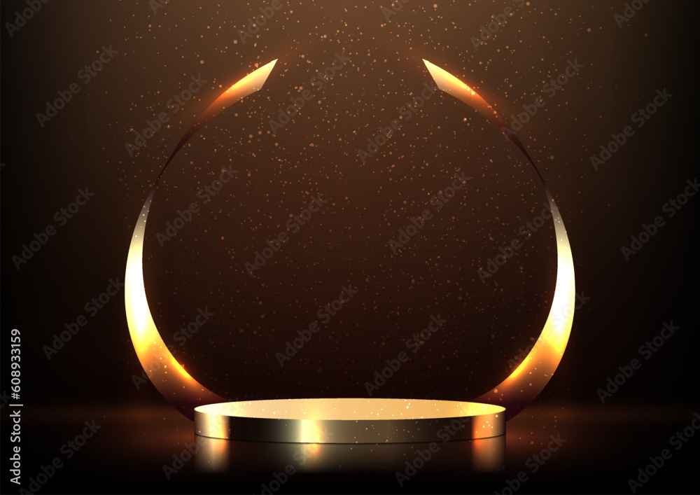 Wall mural 3d realistic empty golden podium award decoration with gold ribbons on black background