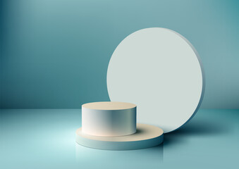 3D realistic empty blue and white podium stand with circle backdrop on blue background