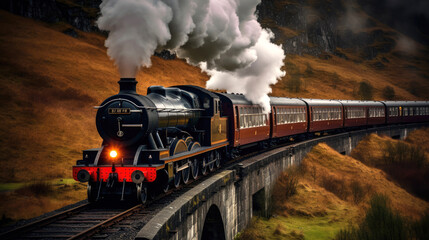 Hogwart Express Steam Train traveling on the Glenfinnan Viaduct in Scotland. Generative AI