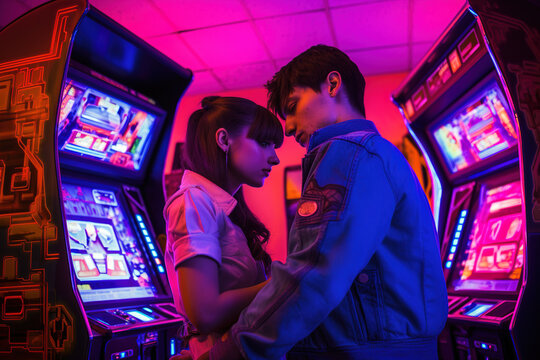 Two asian teenagers kissing each other in an arcade hall