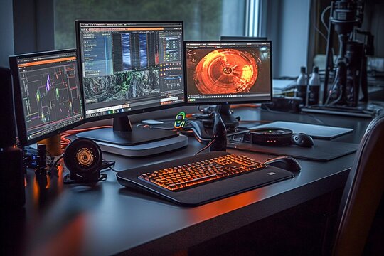 Immersive and Efficient Workspace: Three Monitors and Computer Setup on Desk - AI Generative