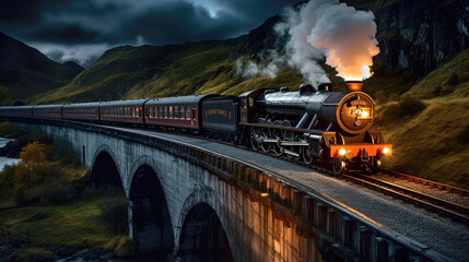 Hogwart Express Steam Train traveling on the Glenfinnan Viaduct in Scotland. Generative AI - obrazy, fototapety, plakaty