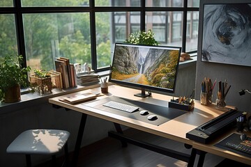 Modern Artist Workspace with Stunning Natural Landscape on Computer, Elegant Creative Tools, and Large Sunlit Windows