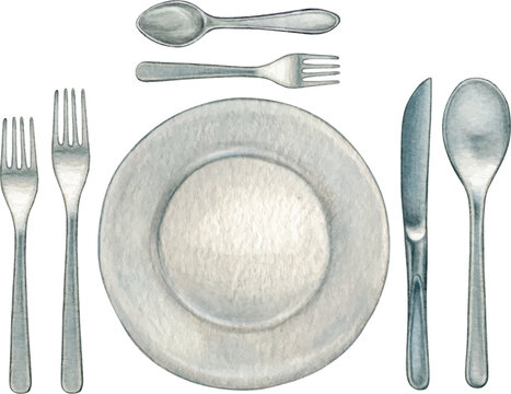 Watercolor hand drawn realistic tableware