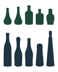 Vector set of colored shape of silhouettes of glass bottles for alcohol, wine, whiskey, vodka, brandy, cognac, beer, kvass, champagne, liqueur