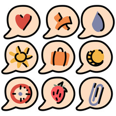 A set of stickers for social networks with a flat design in the form of a speech bubble with a black outline. Isolated vector illustrations for online communication, social networks web design Planner