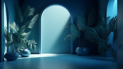 Abstract gradient blue studio background for product presentation. Empty room with shadows of window and flowers and palm leaves . 3d room with copy space. Summer concert. Blurred backdrop