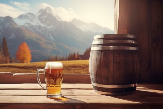 Beer barrel and mug table. Generate Ai