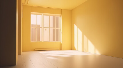 Abstract pastel yellow studio background for product presentation. Empty room with shadows of window. Display product with blurred backdrop
