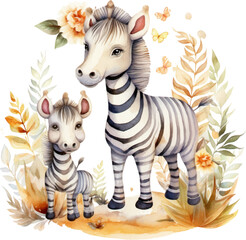 Fototapeta na wymiar zebra nature watercolor clipart two dimensional neutral colors for children