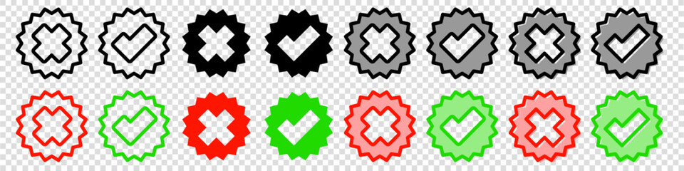 Green check mark and red cross icon. Set of simple icons in flat style