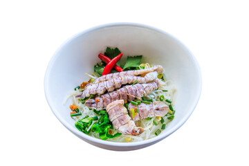 Spicy seafood noodles bowl in thai style.