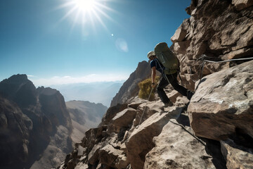 An aerial view captures a climber's daring ascent up a steep mountain face, with rugged terrains stretching out below and a clear blue sky above.