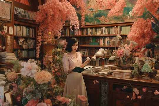 Fototapeta  Young woman working in a vintage bookstore with many flowers 