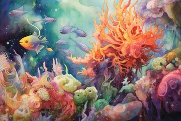 Fototapeta na wymiar Vibrant creature in thriving coral reef. Watercolor painting. Generative AI