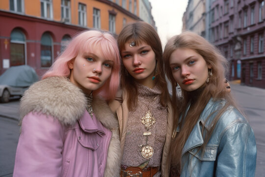 three young punk women in the city