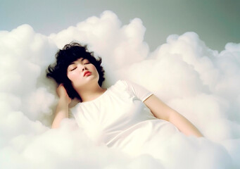Beautiful asian girl around on a fluffy cloud, AI Generated