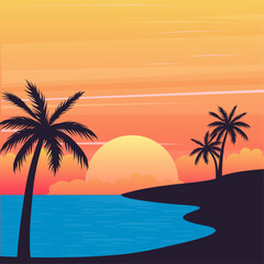 Fototapeta na wymiar beach background with palm trees silhouette and sunset landscape