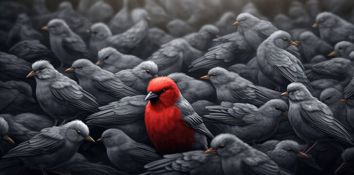 Difference concept showing by extraordinary bird standing out of the crowd, generative AI 