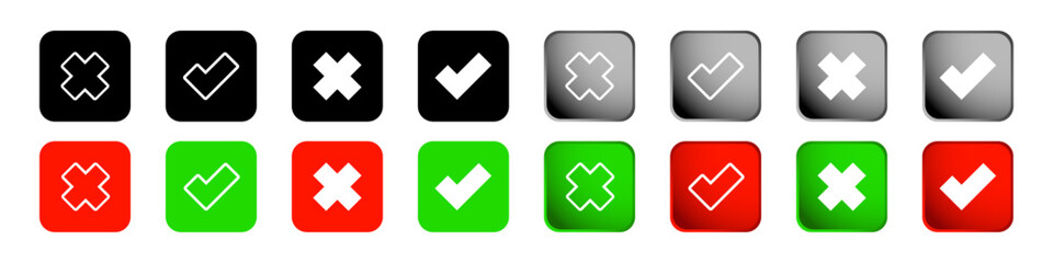 Green check mark and red cross icon set. flat and 3D icon collection