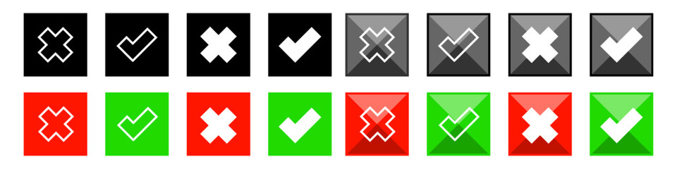 Green check mark and red cross icon set. flat and 3D icon collection