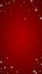 Obraz na płótnie Canvas Snowy christmas background. Subtle flying snow flakes and stars on christmas red background. Delicate sweet snowy christmas. Vertical vector illustration.