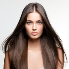 Fototapeta premium Portrait of beautiful young woman with long straight hair. Girl with makeup. Portrait of a lovely young lady with long brown straight hair. Young adult Girl with natural makeup. Front portrait.