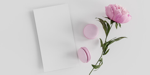 Blank paper on white background with pink peony and macarons. Happy mothers day greeting card mockup. International  Woman Day. Valentines day template.3d rendering